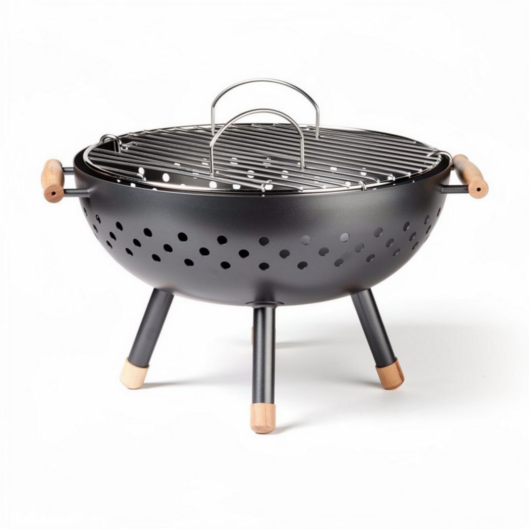 Grill ogrodowy z metalowym rusztem i drewnianymi uchwytami - 40 x 40 x 25cm